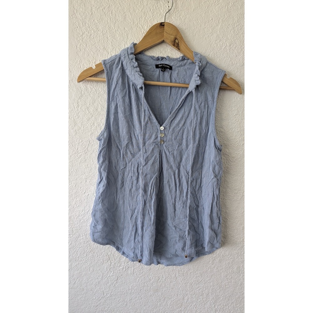 Pink Clover Womens Blue Swiss Dot Ruffle Neck Sleeveless Henley Top Large